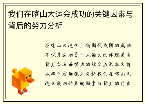 我们在喀山大运会成功的关键因素与背后的努力分析