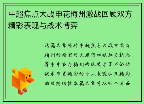 中超焦点大战申花梅州激战回顾双方精彩表现与战术博弈